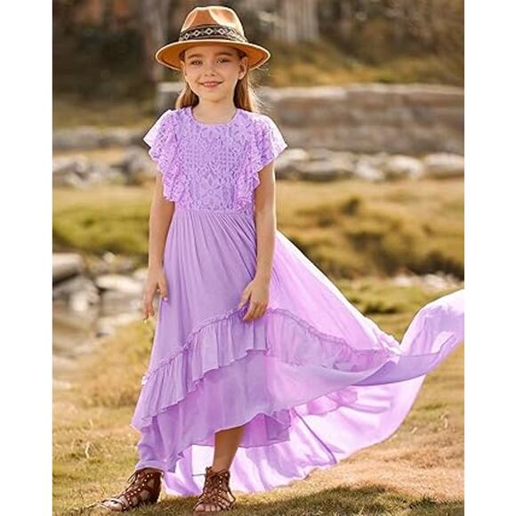 BIBIHOU Girls Lace Dress Ruffle Sleeve Boho Girl Dress, Lavender 6Y - Picture 3 of 8
